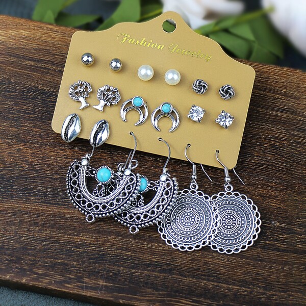 

9pairs Faux Pearl Decor Earrings, Antique silver