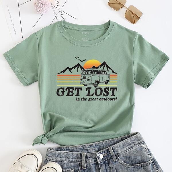 

Bus And Slogan Graphic Tee, Green