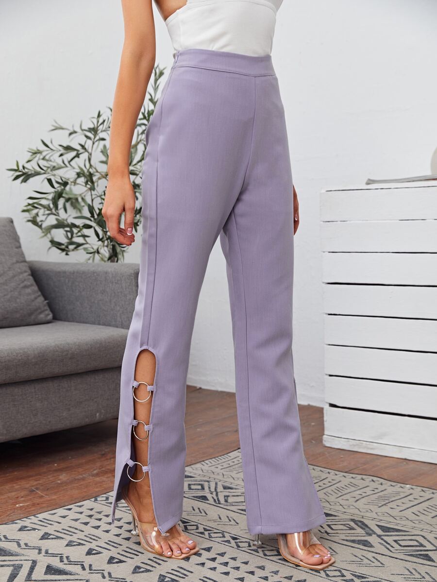 SHEIN O-ring Detail Flare Leg Trousers - Purple - View 1