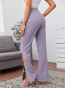 SHEIN O-ring Detail Flare Leg Trousers - Purple - View 2