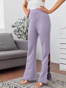 SHEIN O-ring Detail Flare Leg Trousers - Purple - View 5