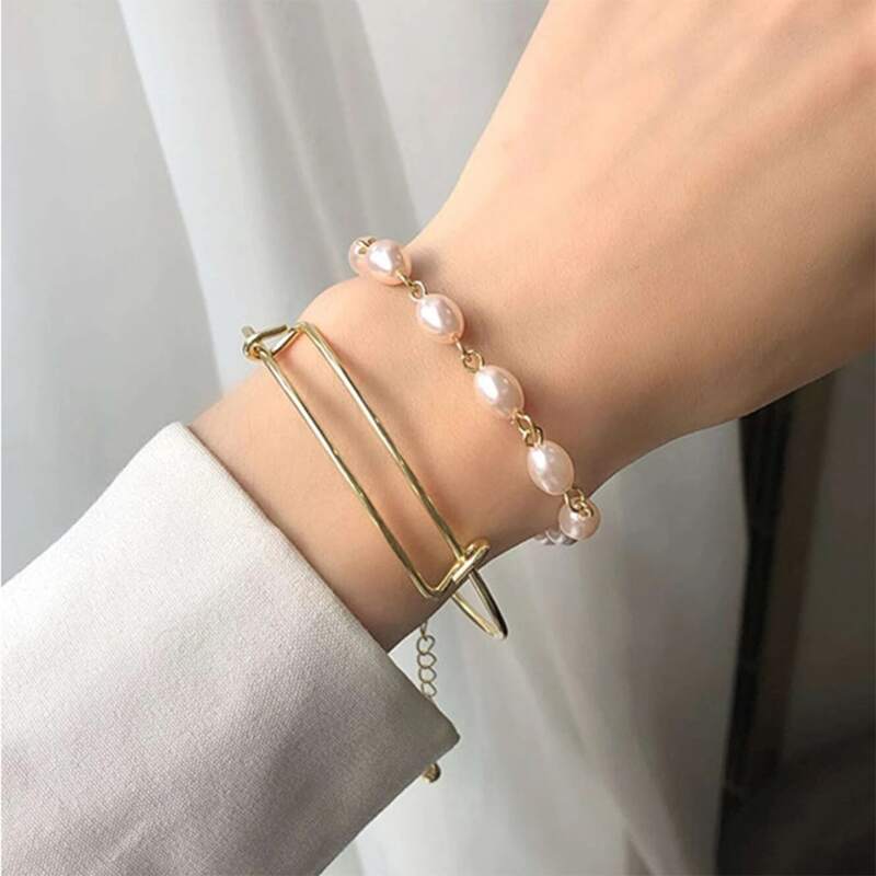 

2pcs Faux Pearl Decor Bracelet, Gold