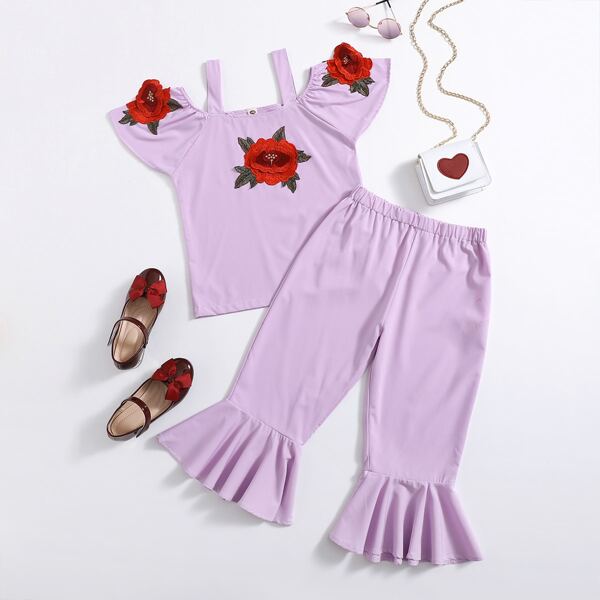 

Girls Cold Shoulder Appliques Top & Flare Leg Pants, Lilac purple