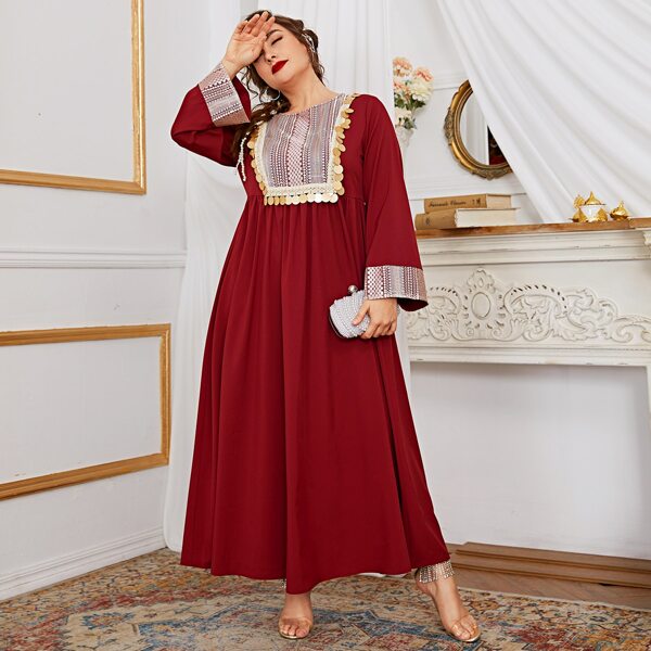 

Plus Disc Decoration Smock Dress, Burgundy