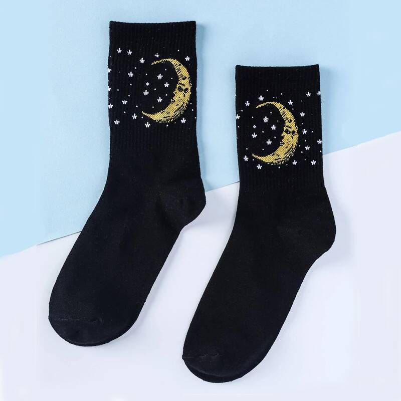 

Moon Graphic Crew Socks, Black