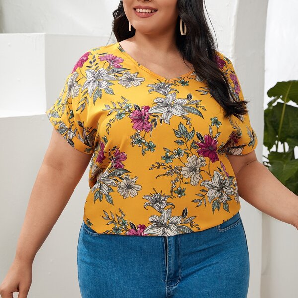 

Plus Floral Roll Up Sleeve Top, Yellow