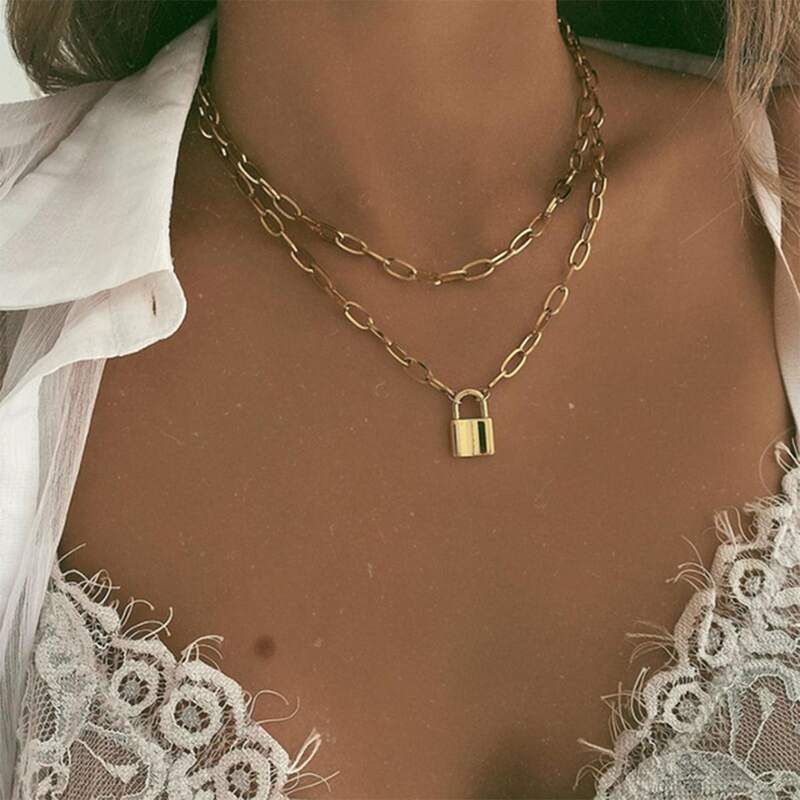 

Lock Layered Chain Necklace, Gold