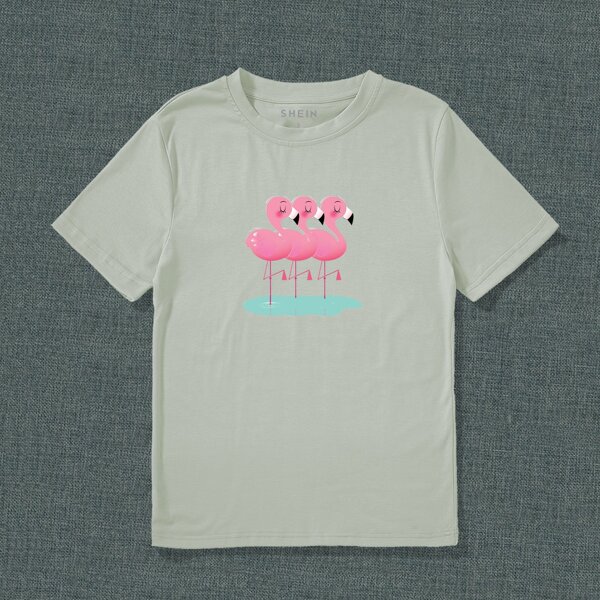 

Cartoon Flamingo Print Tee, Mint green