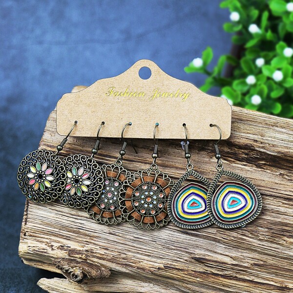 

3pairs Flower Pattern Drop Earrings, Multicolor