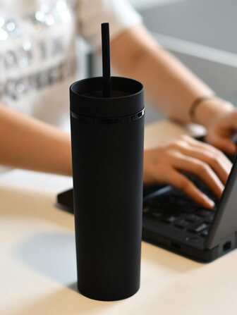 1pc Solid Color Tumbler, Black Plastic Plain Double Matte Straw Cup, For Home Office