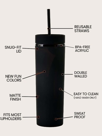 1pc Solid Color Tumbler, Black Plastic Plain Double Matte Straw Cup, For Home Office