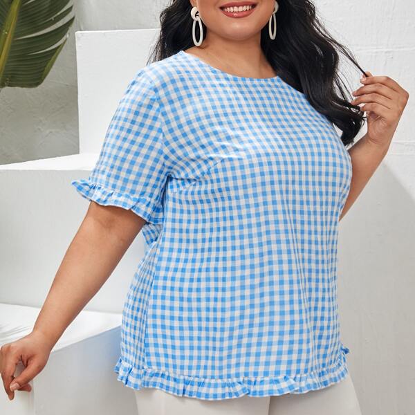 

Plus Gingham Flounce Sleeve Top, Blue and white