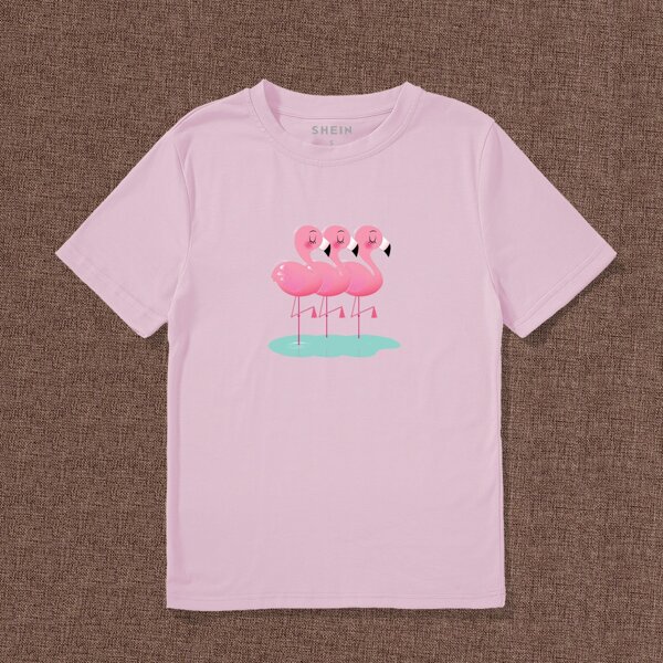 

Cartoon Flamingo Print Tee, Baby pink