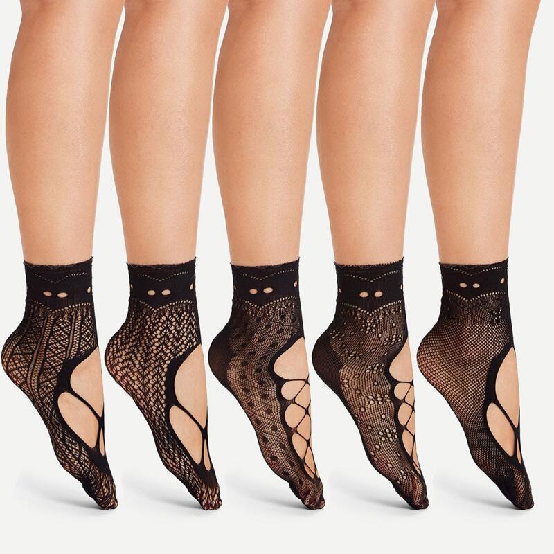 

5pairs Hollow Out Mesh Socks, Black