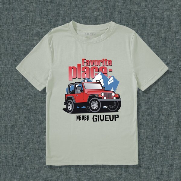 

Slogan & Car Print Tee, Mint green
