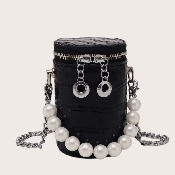 

Mini Croc Embossed Bucket Bag, Black