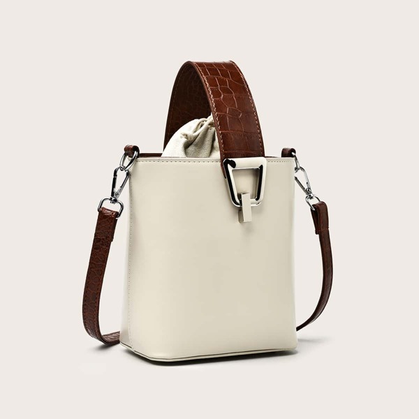 

Croc Embossed Drawstring Decor Bucket Bag, Beige
