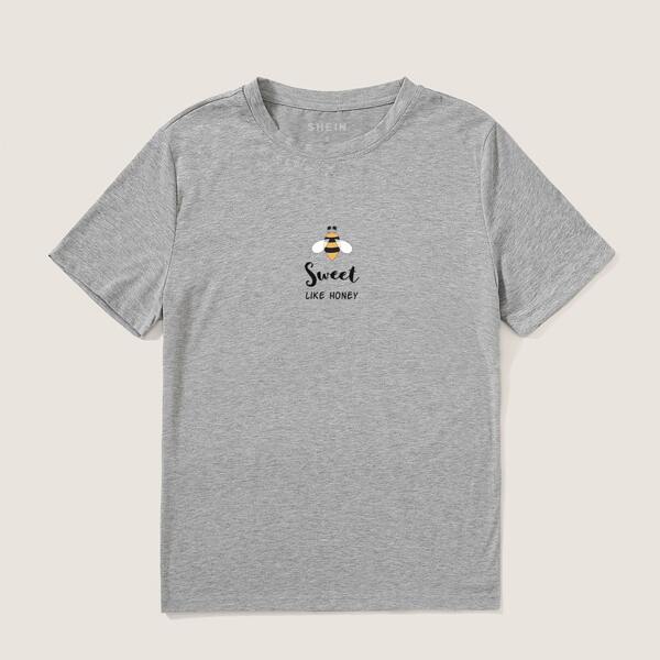 

Slogan & Bee Print Tee, Grey