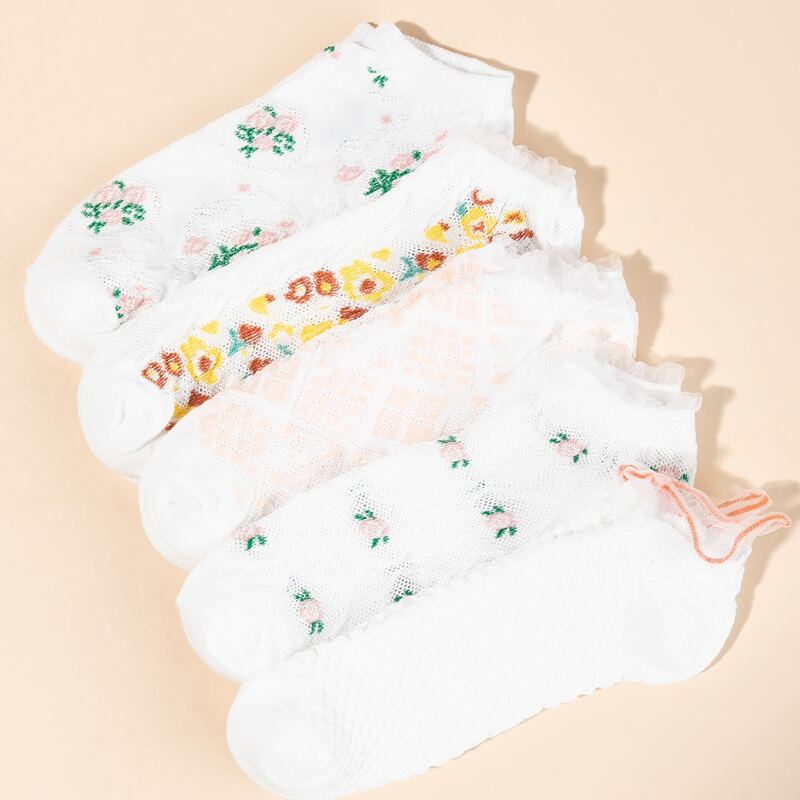 

5pairs Flower Pattern Ankle Socks, Multicolor
