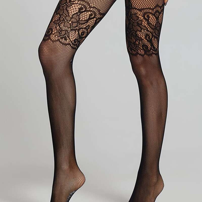 

Flower Pattern Fishnet Tights, Black