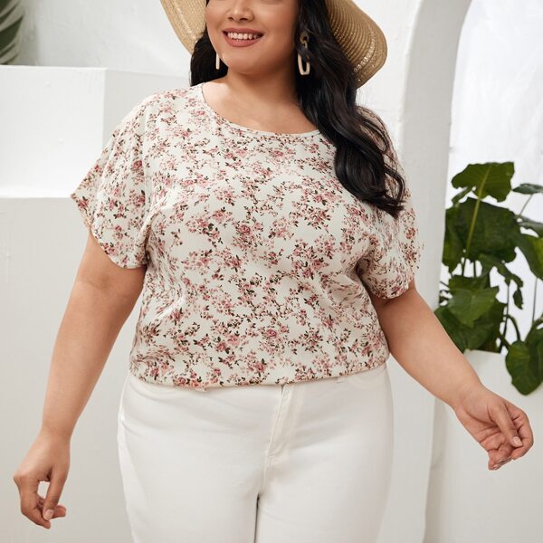 

Plus Keyhole Back Batwing Sleeve Allover Floral Print Top, Multicolor