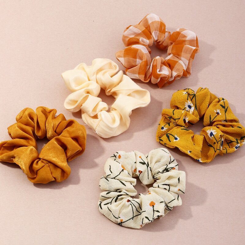 

5pcs Plaid & Flower Pattern Scrunchie, Yellow