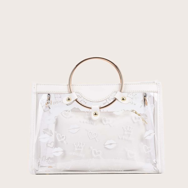 

Clear Lips Graphic Satchel Bag With Inner Pouch, White clear