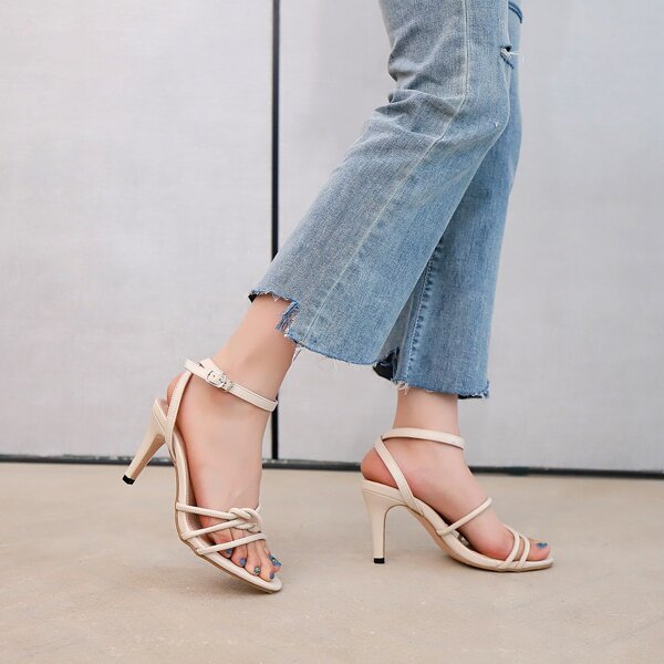 

Minimalist Knot Design Ankle Strap Sandals, Beige