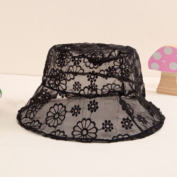 

Flower Embroidery Sheer Bucket Hat, Black