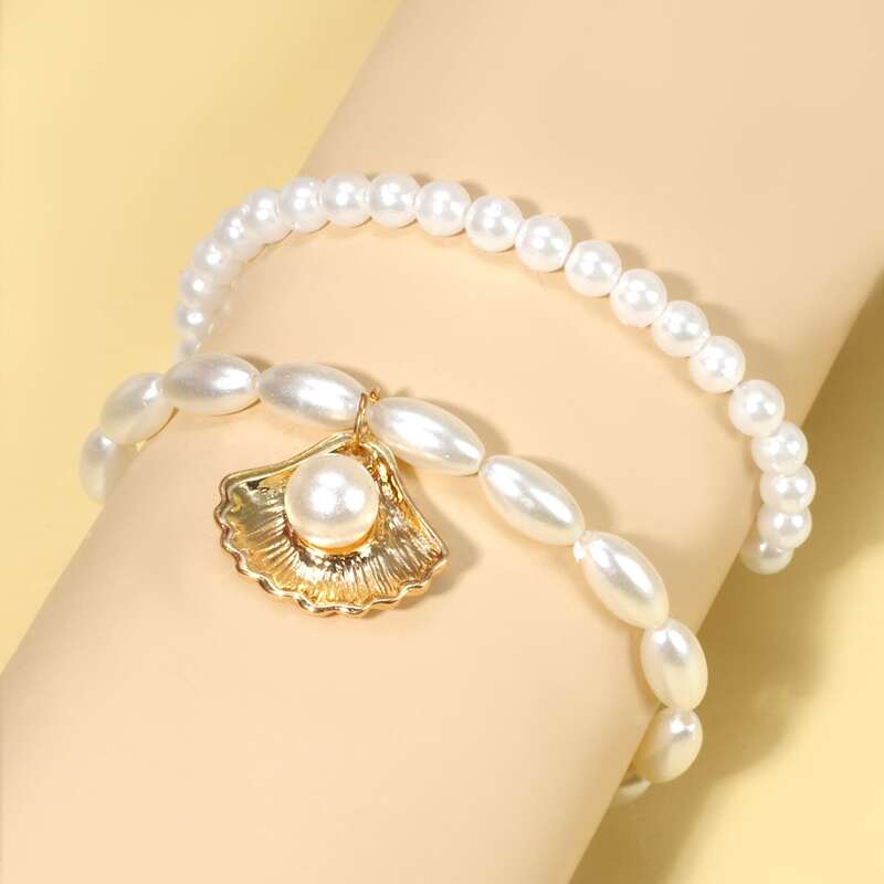 

2pcs Shell Faux Pearl Beaded Bracelet, White