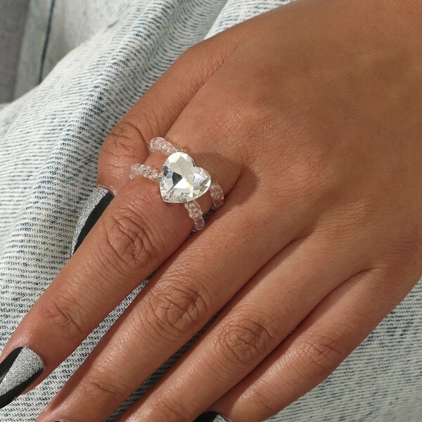 

Rhinestone Decor Beaded Ring, Clear
