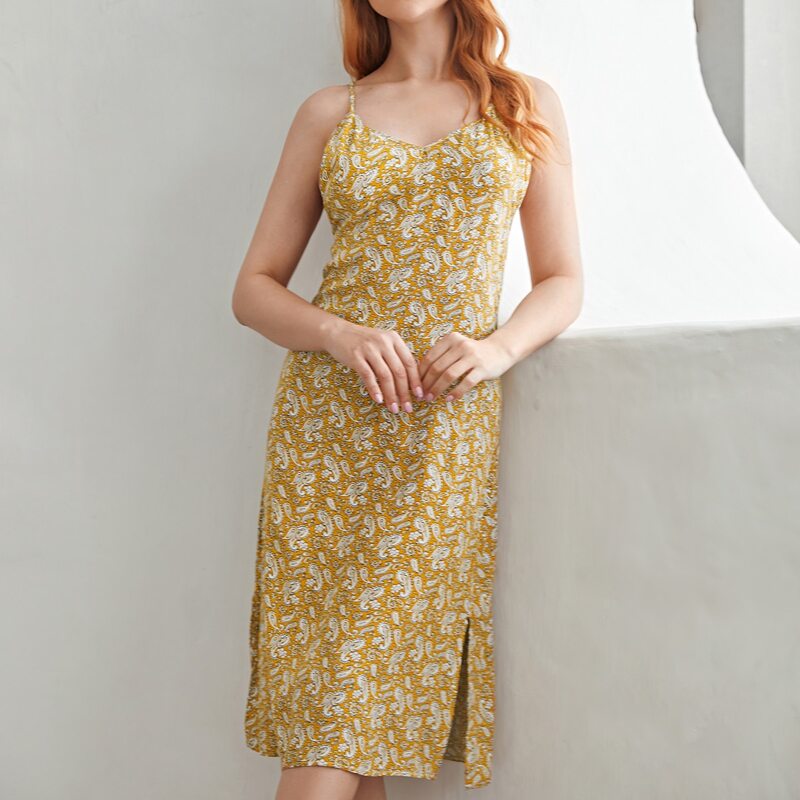 Paisley Print Split Hem Cami Nightdress, Mustard yellow