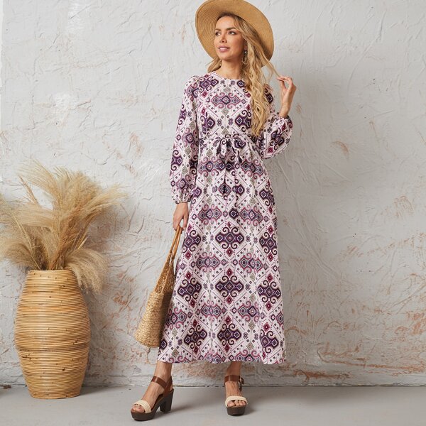 

Bishop Sleeve Self Belted Dress, Multicolor