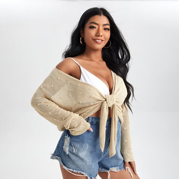 

Plus Solid Drop Shoulder Cardigan, Khaki
