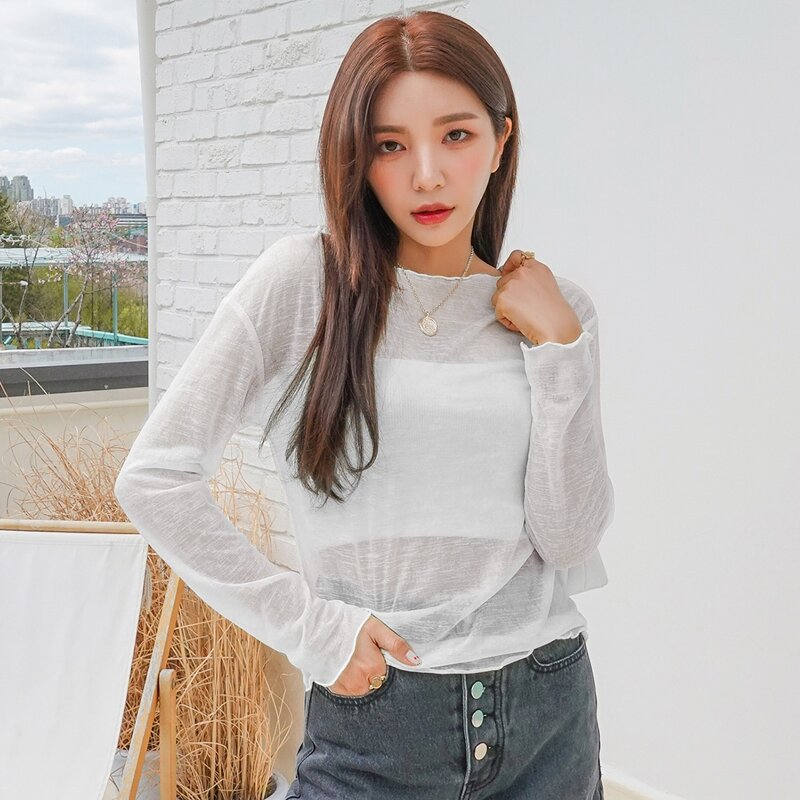 

Sheer Lettuce Trim Long Sleeve Top, White