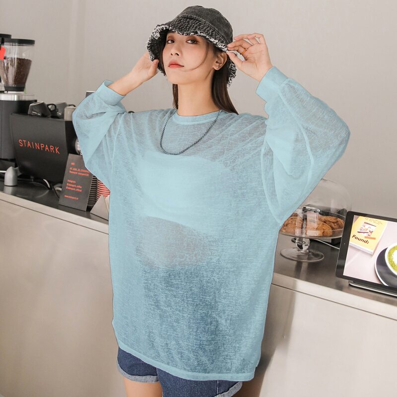 

Solid Drop Shoulder Sheer Top Without Bandeau, Baby blue