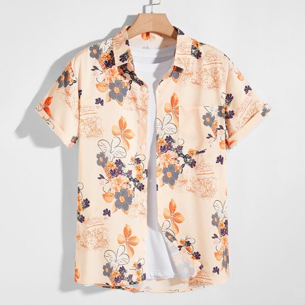 

Men Floral Pocket Patched Shirt Without Tee, Apricot
