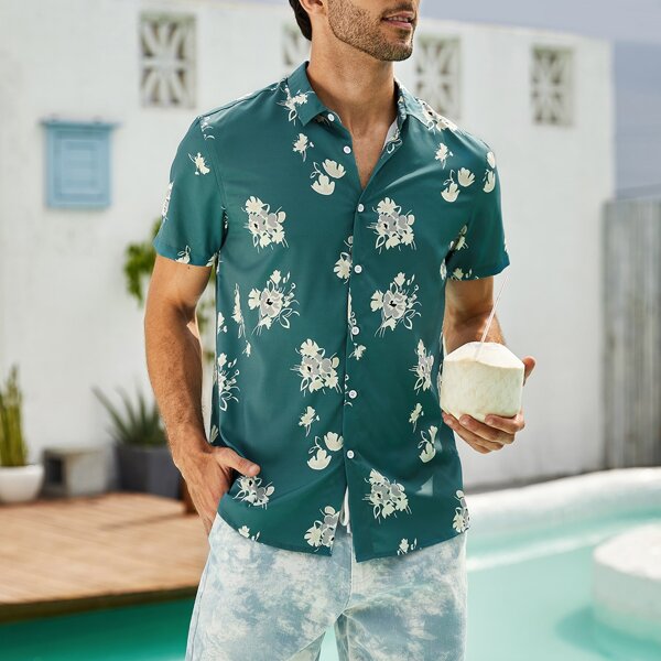 

Men Button Front Floral Shirt, Cadet blue