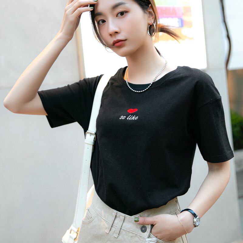 

Heart & Slogan Embroidery Tee, Black