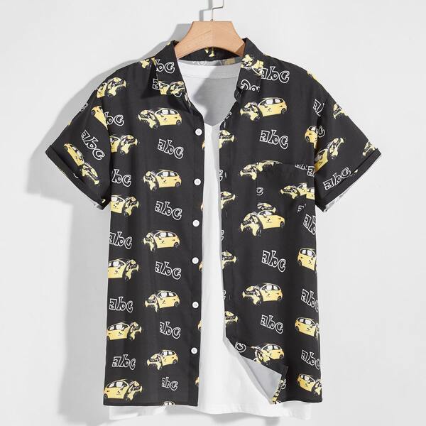

Men Car & Letter Graphic Shirt, Black