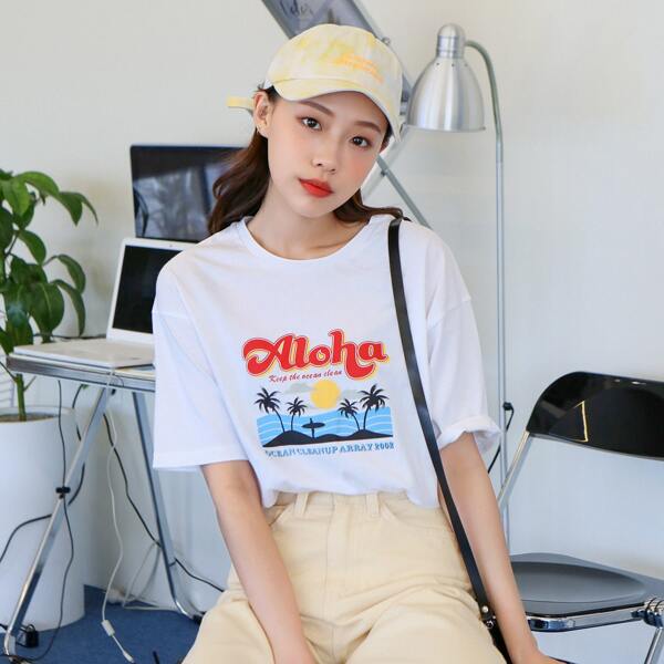 

Tropical And Letter Graphic Tee, White