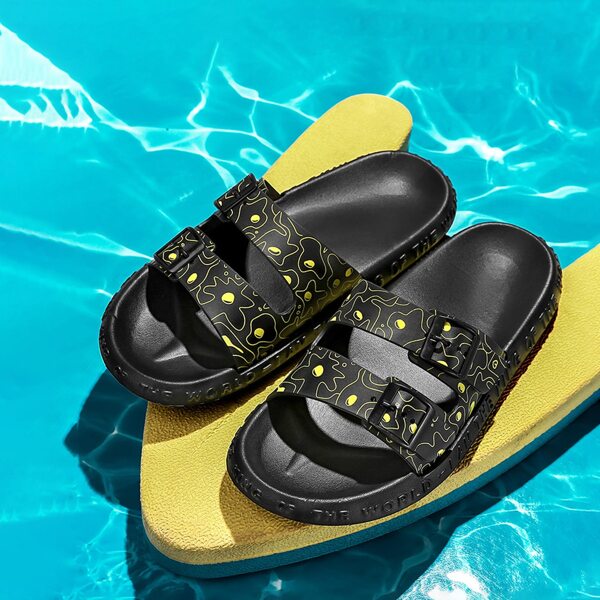 

Men Graphic Double Buckle Slides, Black