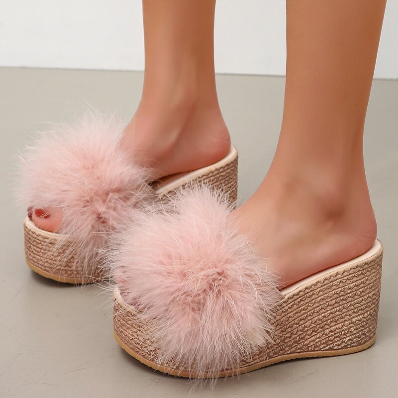 

Fluffy Band Wedge Mules, Baby pink