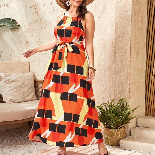 

Plus Geo Print Belted Cami Dress, Multicolor