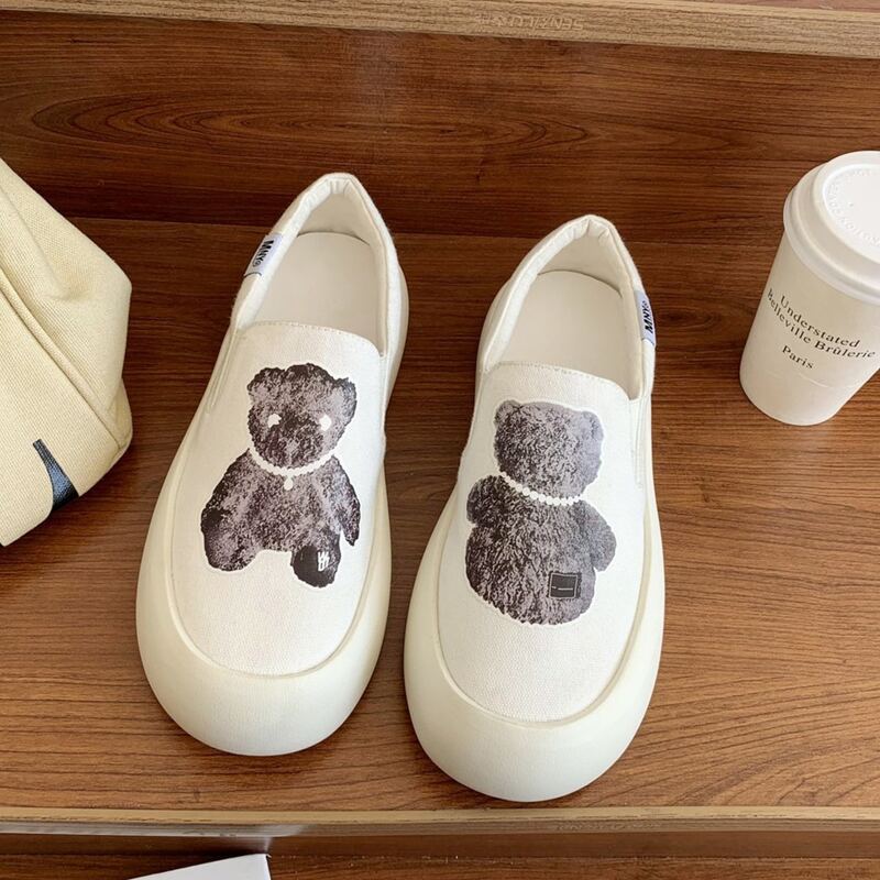 

Cartoon Bear Slip On Sneakers, White