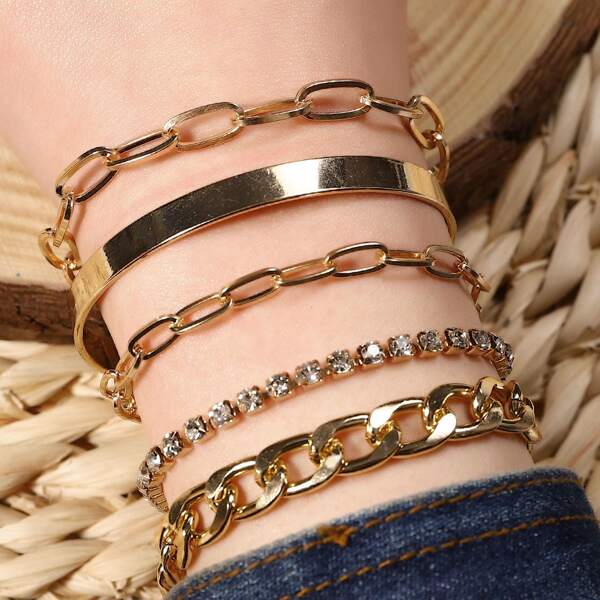 

5pcs Rhinestone Detail Bracelet, Gold