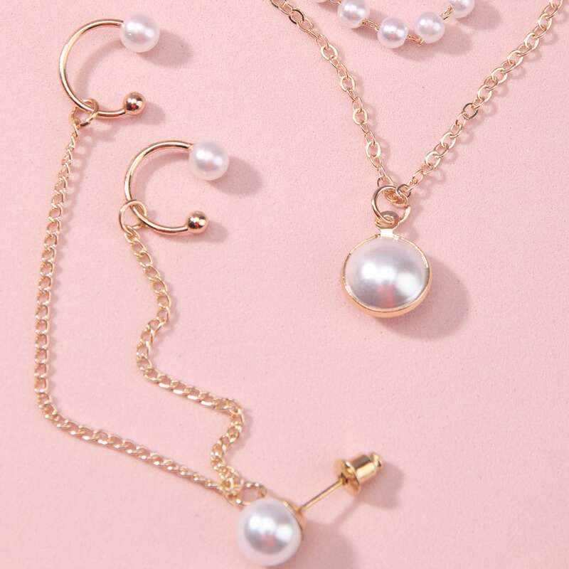 

2pcs Faux Pearl Jewelry Set, Gold