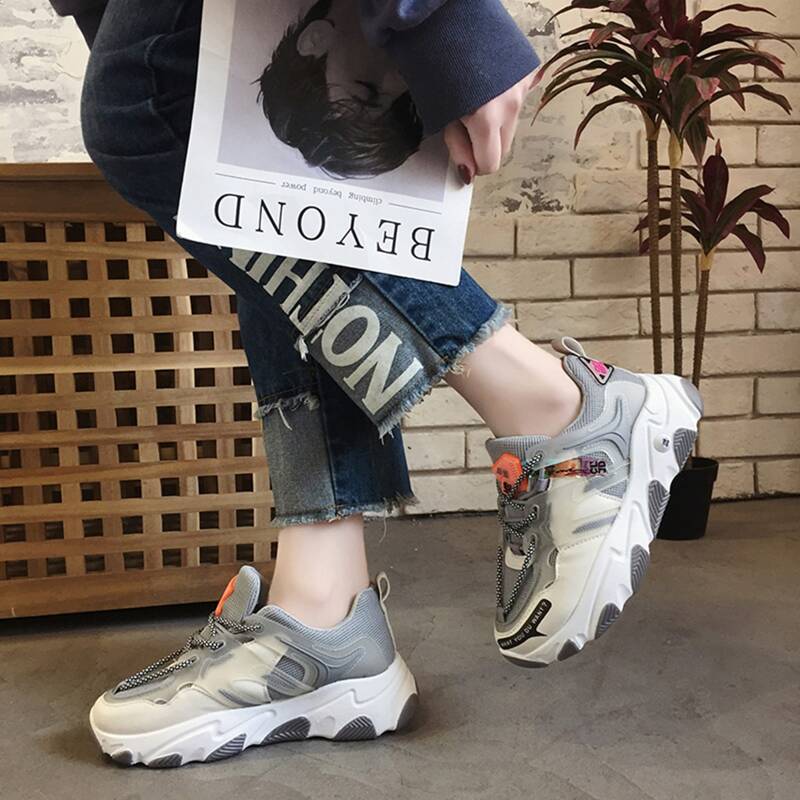 

Colorblock Lace-up Mesh Chunky Sneakers, Grey