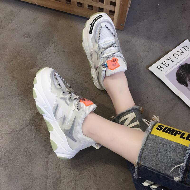 

Lace-up Mesh Chunky Sneakers, White