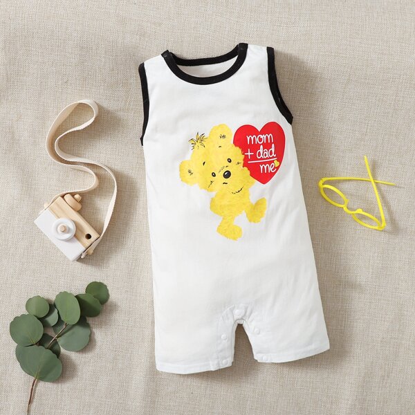 

Baby Unisex Cartoon Graphic Contrast Binding Romper, White
